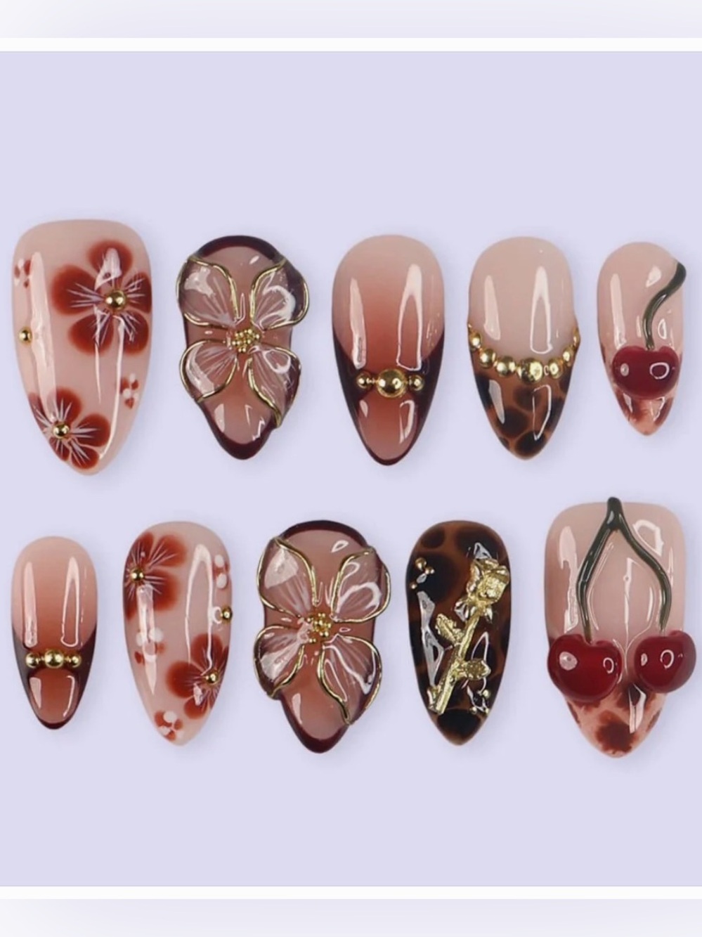 Nude Pink Floral & Cherry Accent Press-On Nails with Gold Details